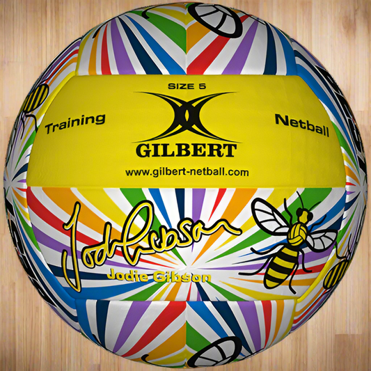 Colorful netball with Gilbert branding and a bee design on a white background