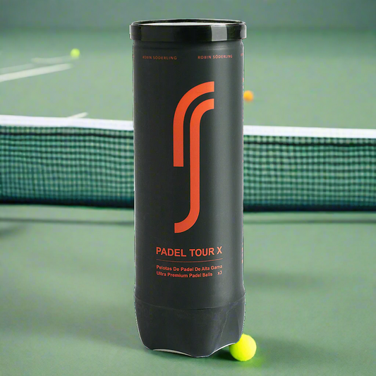 A cylindrical container with the text 'PADEL TOUR X' and the RS RX logo, indicating it contains premium padel balls.