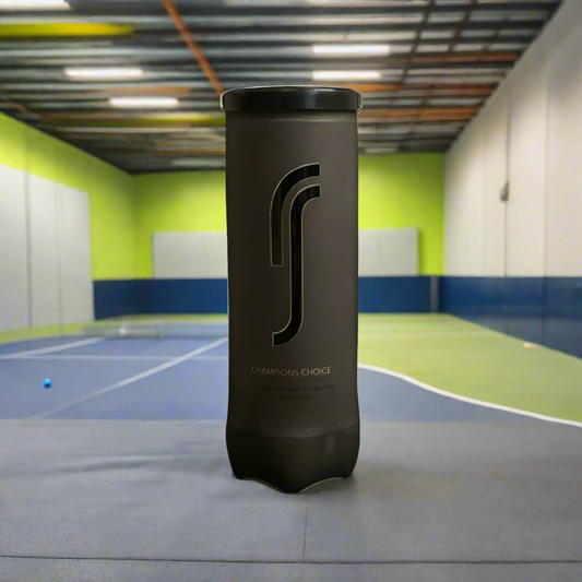 A tube of three RS Champions Choice Padel Balls with a black and dark gray design, featuring the number 3 and the brand name.