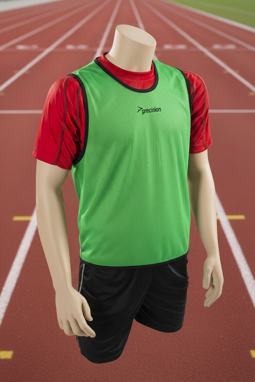 A mannequin torso wearing a bright green athletic bib over a red short-sleeve shirt and black shorts, photographed on a red running track with white lane markings. The bib has black trim and a small visible 'precision' logo on the chest.