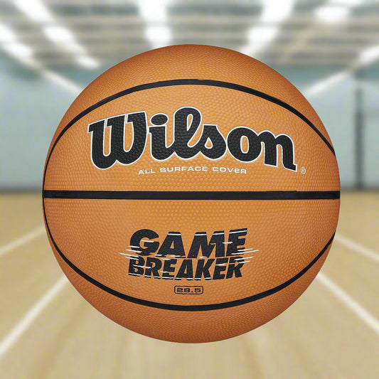 A Wilson Gamebreaker basketball with black lettering and branding on a brown background.