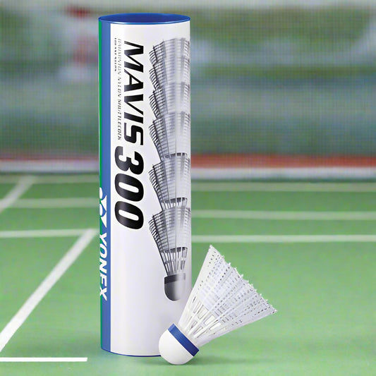 A tube of Yonex Mavis 300 white shuttlecocks, displaying the product name and the number of pieces in the tube.