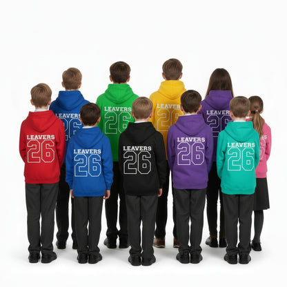 Light blue hoodie with 'LEAVERS 26' printed on the back against a white background