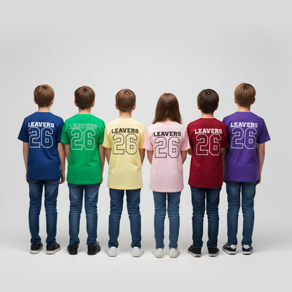 Pink t-shirt with 'LEAVERS 26' printed on the back against a white background