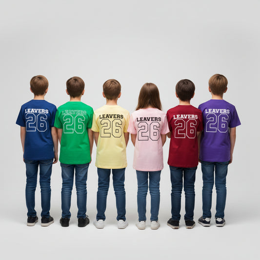 Pink t-shirt with 'LEAVERS 26' printed on the back against a white background