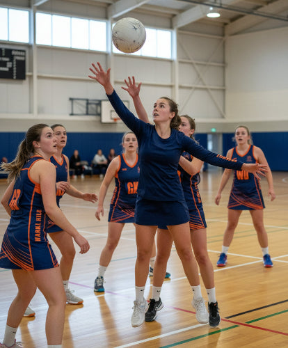 Navy long-sleeve shirt with 'Sparkhill Netball Club' text on sleeve against a white background