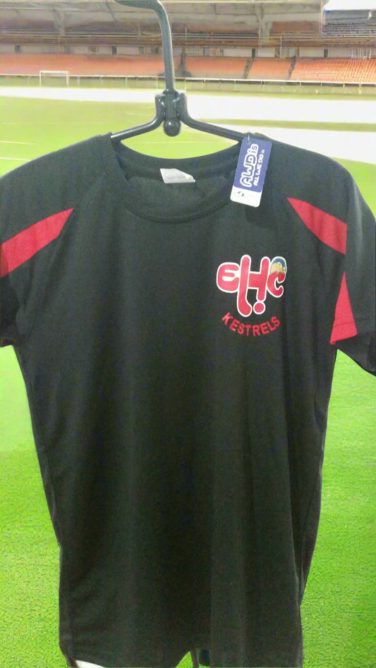 Black sports jersey with red accents and a logo on a hanger against a stadium background