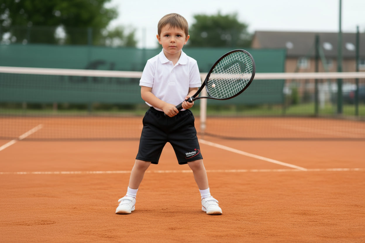 Black shorts with Walmley Tennis Club logo on a white background