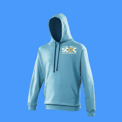 Light blue hoodie with a logo on the chest against a white background