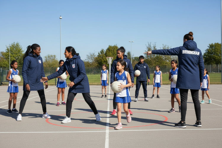 Navy blue jacket with a logo on the chest and 'Birmingham' text on the back, shown from front and back views.