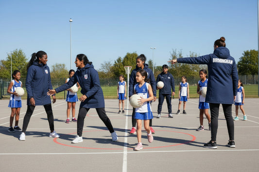 Navy blue jacket with a logo on the chest and 'Birmingham' text on the back, shown from front and back views.