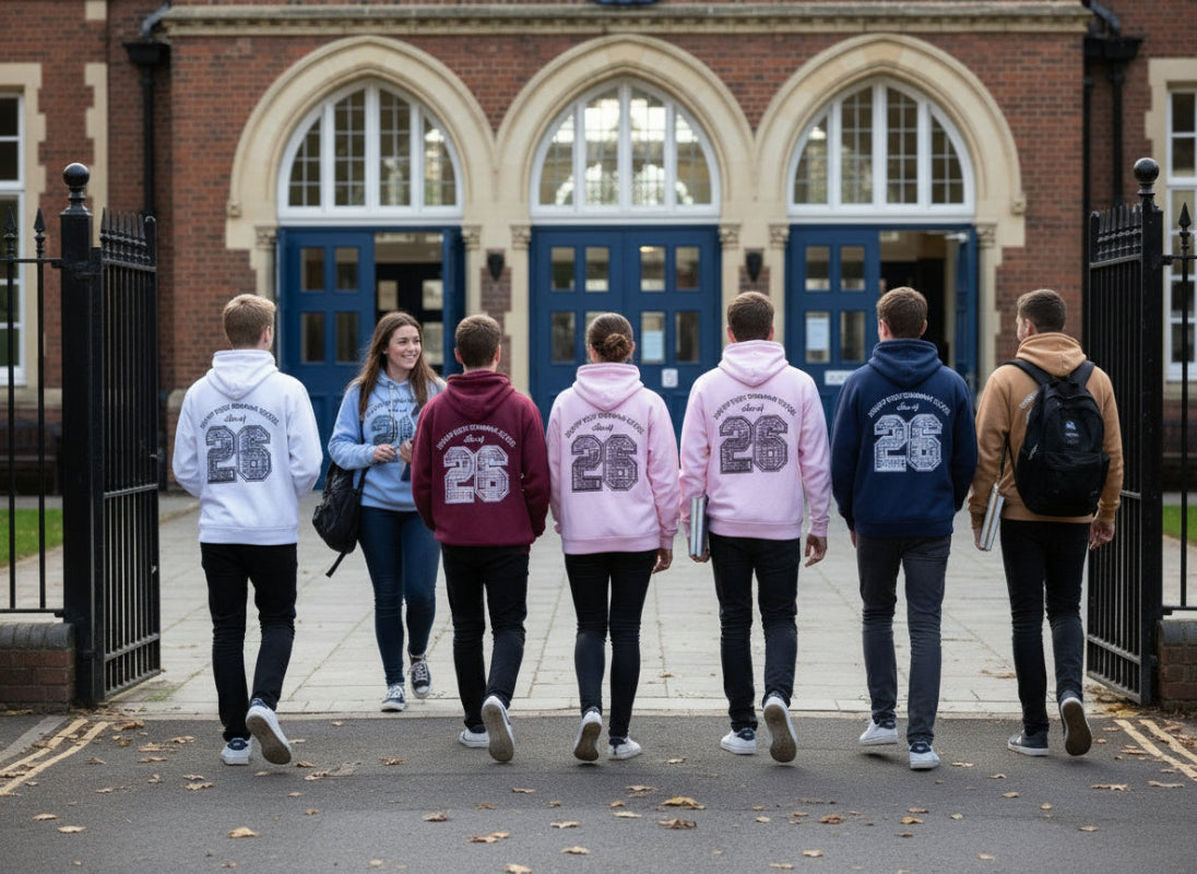 Set of six hoodies in different colors with '26' printed on the back.