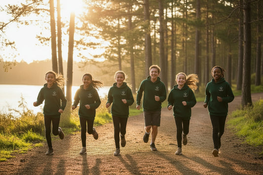 Green hoodie with a scout logo on the chest against a woody background