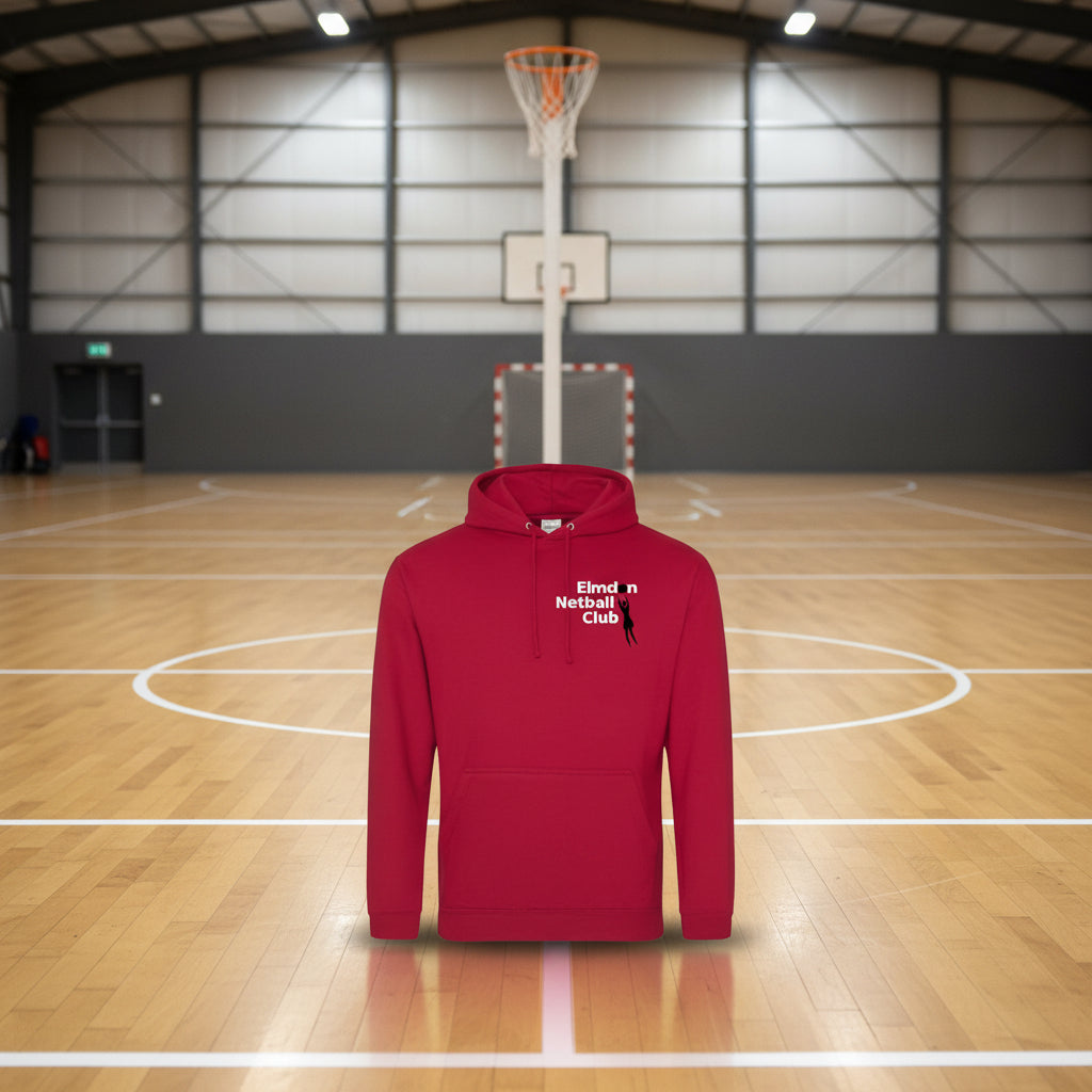 Red hoodie with 'Elmden Netball Club' text and logo on a white background