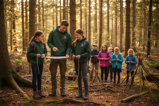 Green hoodie with a logo on the chest against a white background