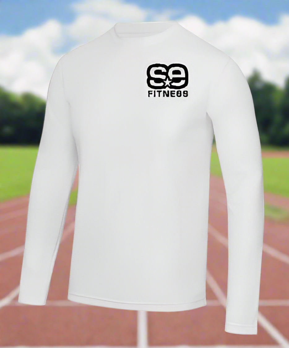 White long-sleeve shirt with a black logo on a white background