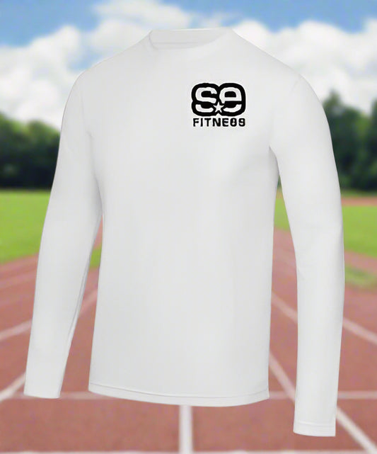 White long-sleeve shirt with a black logo on a white background