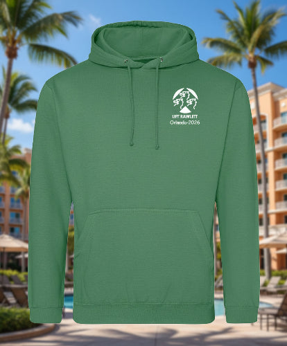 Green hoodie with a logo and text on the chest against a white background