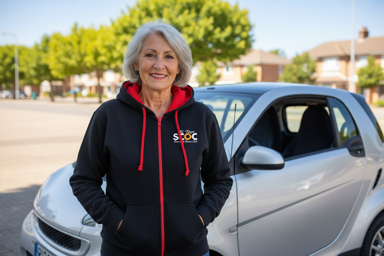 Black hoodie with red drawstrings and a logo on the chest against a white background