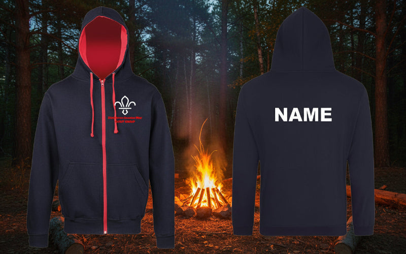 a navy and red contrast hoodie with Scouts logo on the front and your name on the back