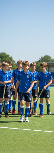 Blue sports kit with shorts and socks featuring a logo on a white background
