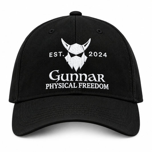 Black graphic design featuring a stylized horned helmet above the text 'EST. 2024 Gunnar PHYSICAL FREEDOM' on a white background.