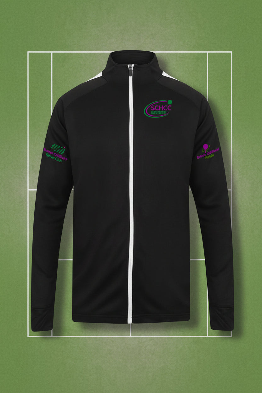 Black jacket with logos on sleeves against a white background