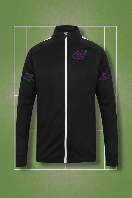 Black jacket with logos on sleeves against a white background