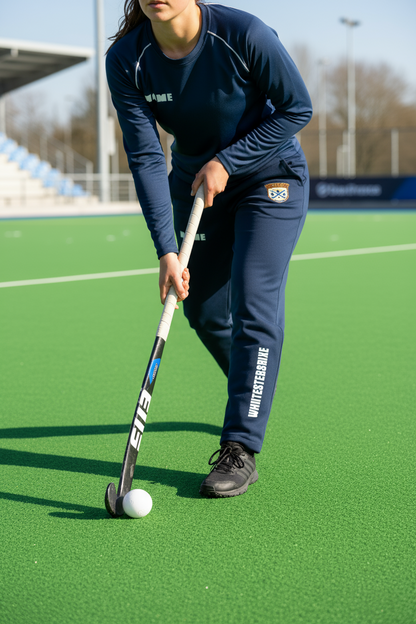 Navy sweatpants with worcestershire logo and text on a white background