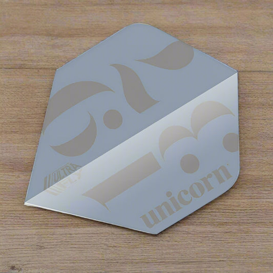 A silver-colored dart flight with the Unicorn brand logo on it.