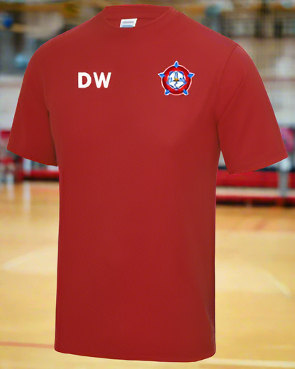 Red t-shirt with a logo and initials on a white background