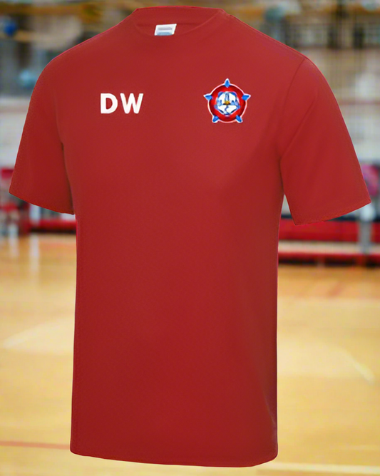 Red t-shirt with a logo and initials on a white background