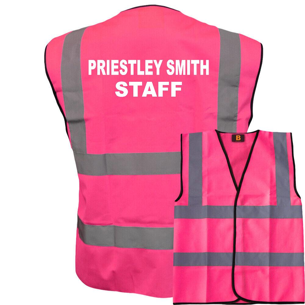 Pink safety vest with 'Priestley Smith Staff' text on a white background