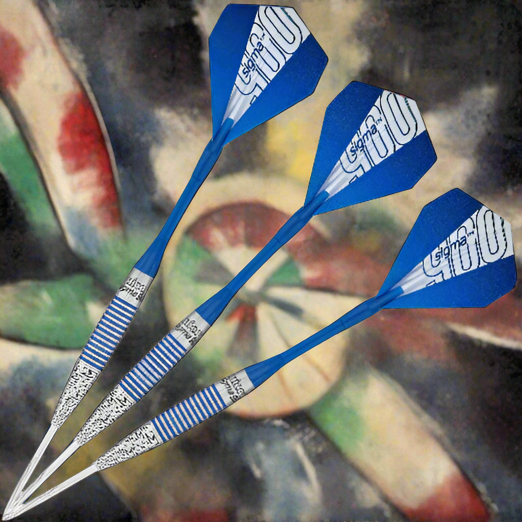 A set of blue and white Sigma 900 steel tip darts with visible branding and signature on the barrels.
