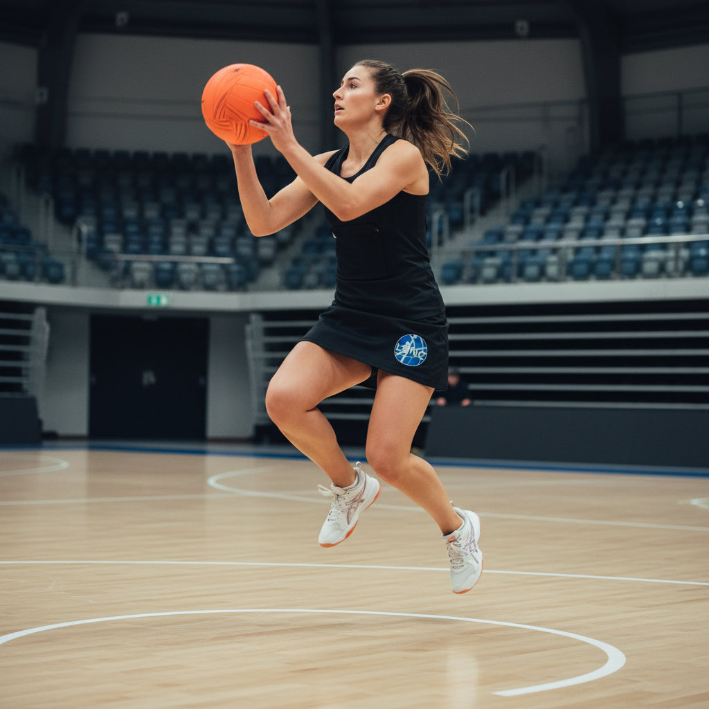 Woman in black athletic wear with a logo holding an orange basketball on a basketball court.
