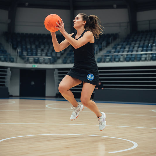 Woman in black athletic wear with a logo holding an orange basketball on a basketball court.