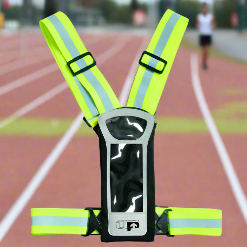Reflective safety vest with high-visibility yellow straps on a white background
