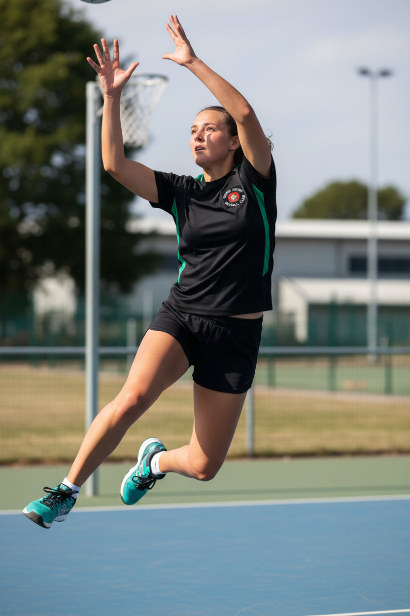 A black short-sleeve athletic t-shirt with green piping details along the shoulders and sides, featuring a circular 'Sutton United Netball Club' crest on the left chest, displayed against a plain white background.