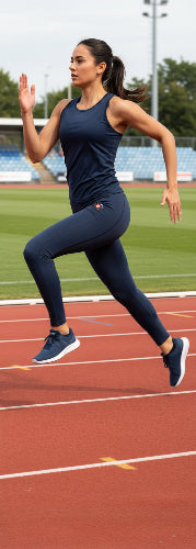 Navy leggings with a logo on a white background