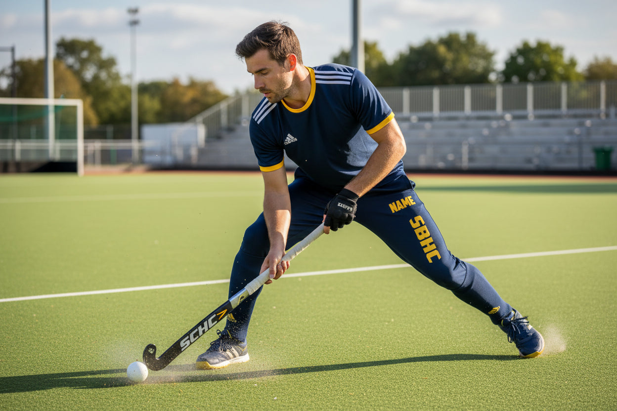 Navy sweatpants with 'NAME' and 'SBHC' printed in yellow on a black background