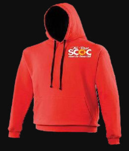 Red hoodie with a logo on a black background