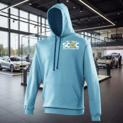Light blue hoodie with a logo on the chest against a white background