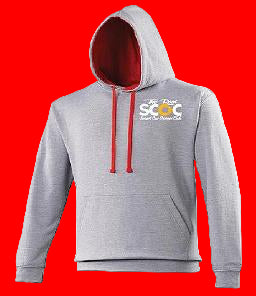 Gray hoodie with red drawstrings and a logo on a white background