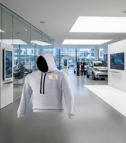 Gray hoodie with a logo on the chest against a white background