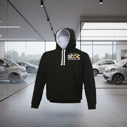 Black hoodie with a logo on the chest against a white background