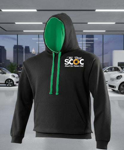 Black hoodie with green drawstrings and a logo on a white background
