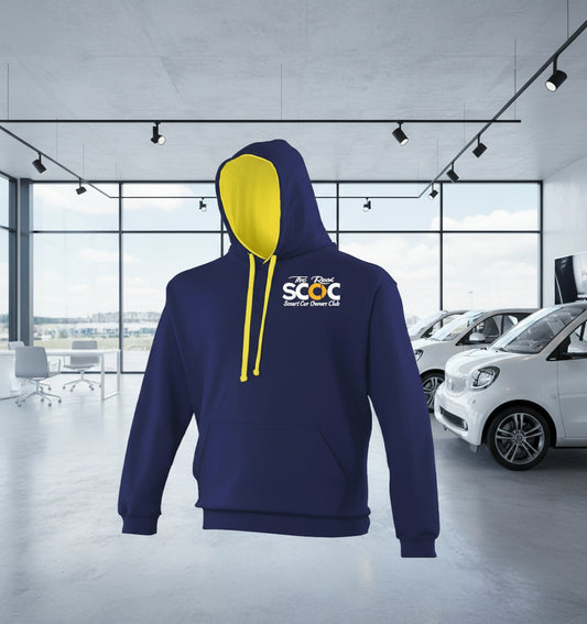 Navy blue hoodie with yellow hood and SCOC logo on a white background