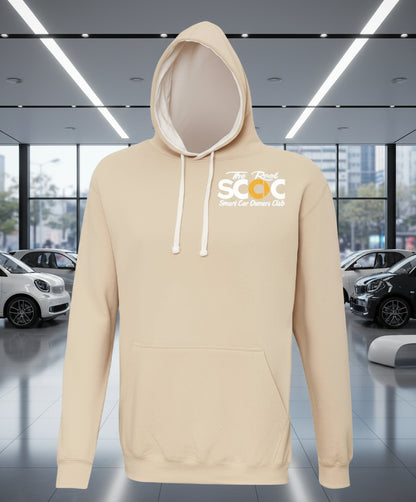 Beige hoodie with a logo on a white background