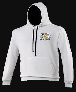 White hoodie with a logo on a white background