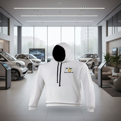 White hoodie with a logo on a white background